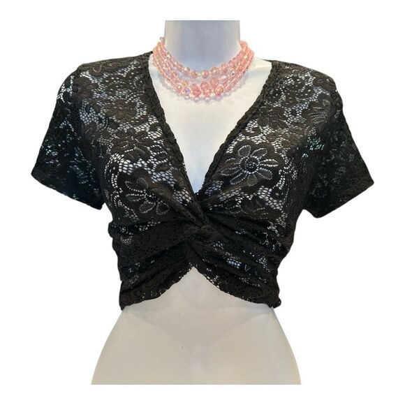 Vintage black sheer lace top, sexy see-through floral mesh blouse, gothic y2k L - Picture 2 of 9